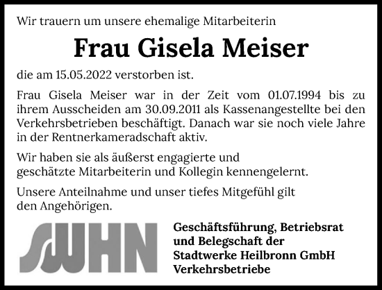 Traueranzeige von Gisela Meiser von GESAMT