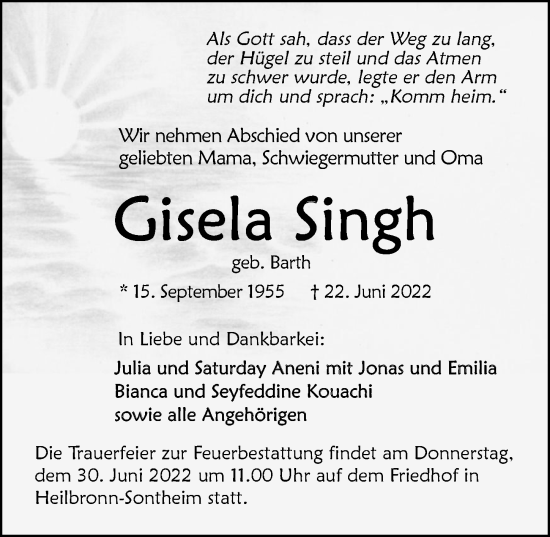 Traueranzeige von Gisela Singh von GESAMT