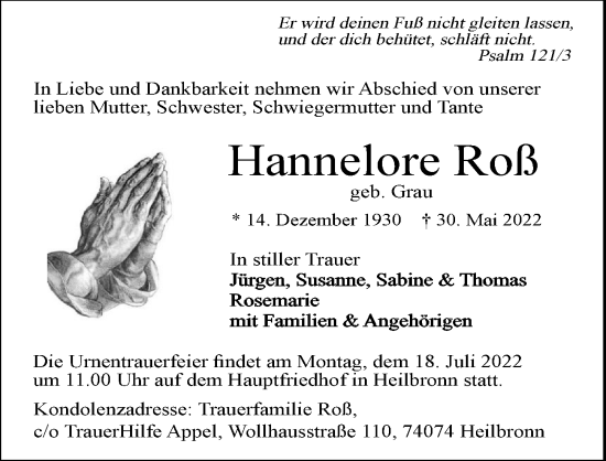 Traueranzeige von Hannelore Roß von GESAMT