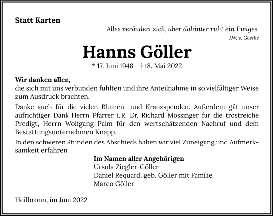 Traueranzeige von Hanns Göller von GESAMT