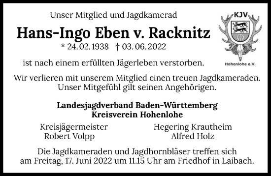 Traueranzeige von Hans-Ingo Eben v. Racknitz von GESAMT