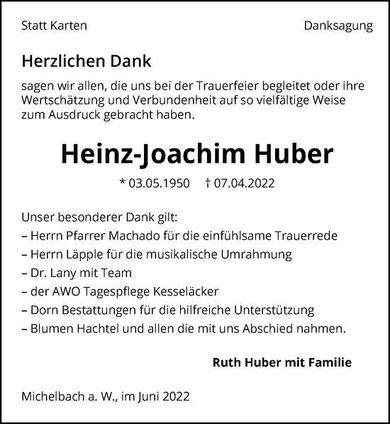 Traueranzeige von Heinz-Joachim Huber von GESAMT