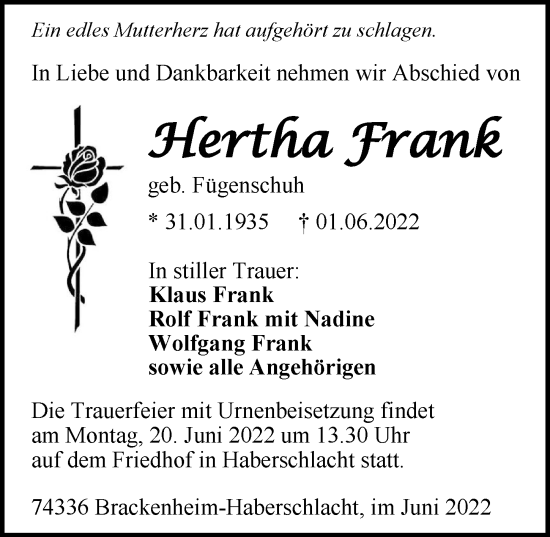 Traueranzeige von Hertha Frank von GESAMT