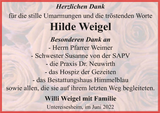 Traueranzeige von Hilde Weigel von GESAMT