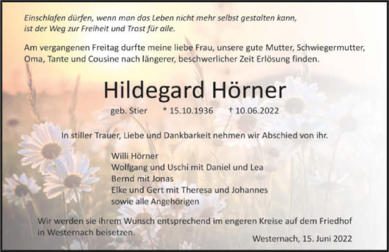 Traueranzeige von Hildegard Hörner von GESAMT