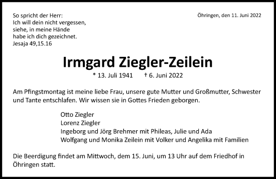 Traueranzeige von Irmgard Ziegler-Zeilein von GESAMT