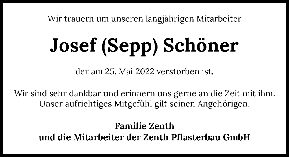  Traueranzeige für Josef Schöner vom 04.06.2022 aus GESAMT