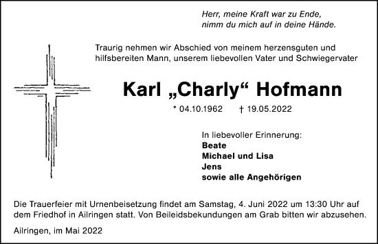 Traueranzeige von Karl Hofmann von GESAMT