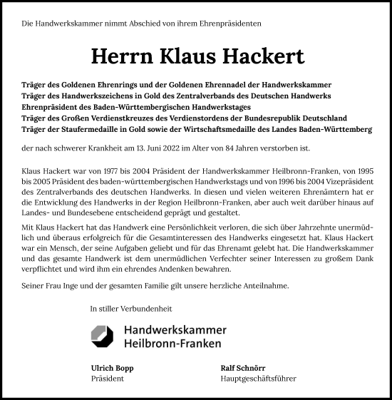 Traueranzeige von Klaus Hackert von GESAMT