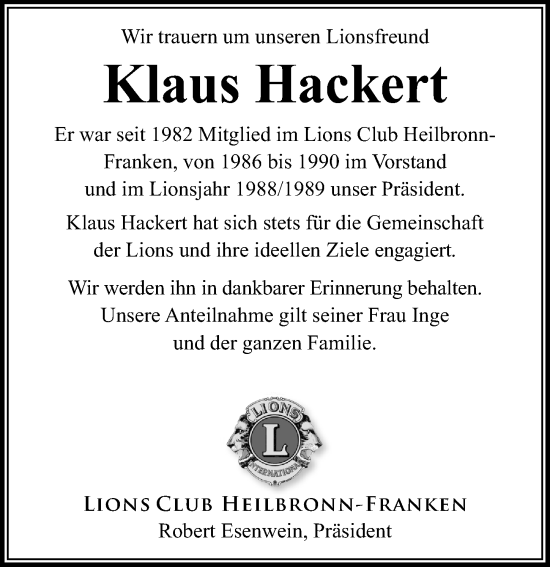 Traueranzeige von Klaus Hackert von GESAMT