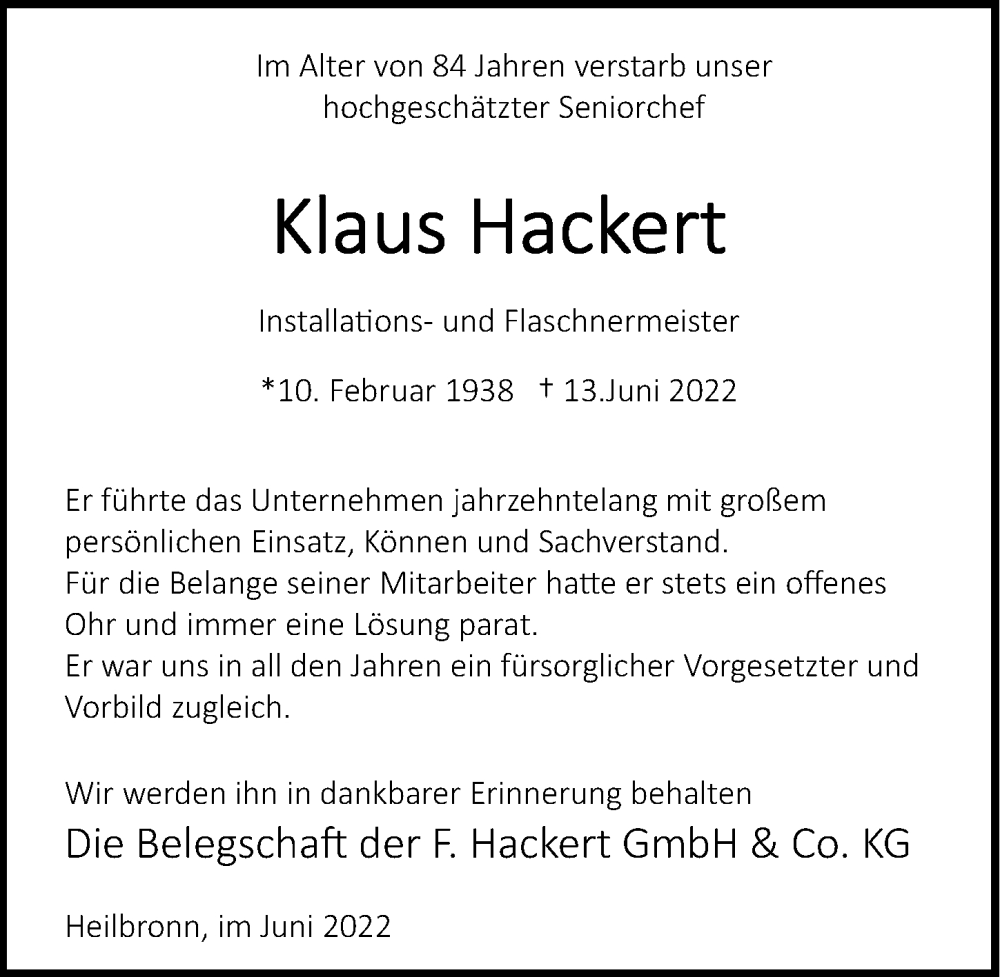  Traueranzeige für Klaus Hackert vom 18.06.2022 aus GESAMT