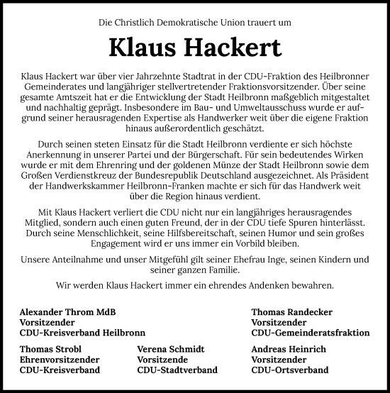 Traueranzeige von Klaus Hackert von GESAMT