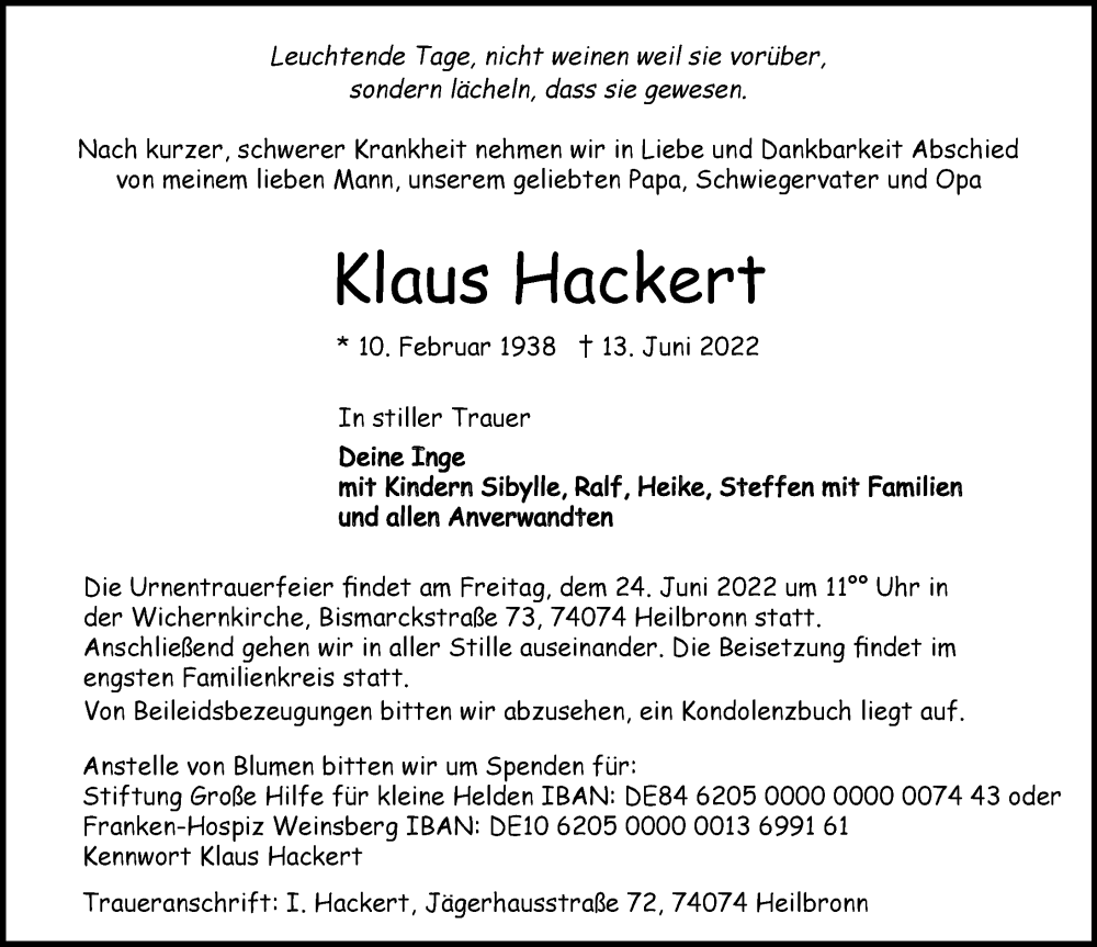  Traueranzeige für Klaus Hackert vom 18.06.2022 aus GESAMT