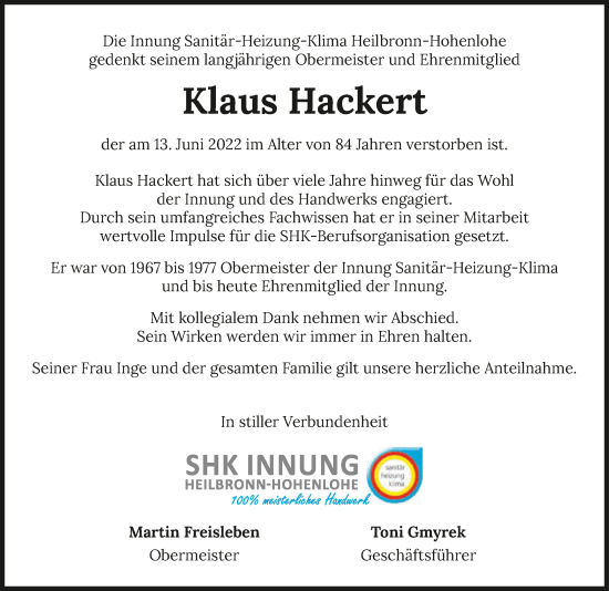 Traueranzeige von Klaus Hackert von GESAMT