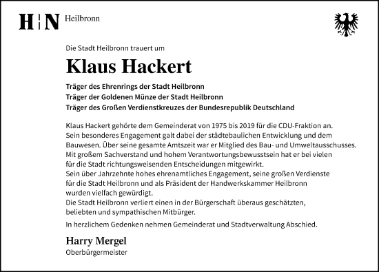 Traueranzeige von Klaus Hackert von GESAMT