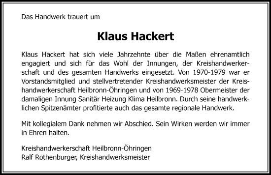 Traueranzeige von Klaus Hackert von GESAMT