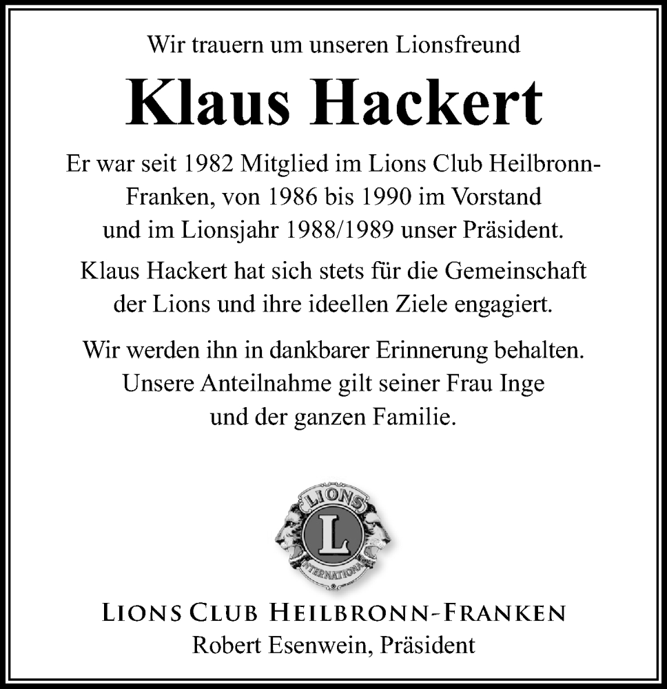  Traueranzeige für Klaus Hackert vom 18.06.2022 aus GESAMT