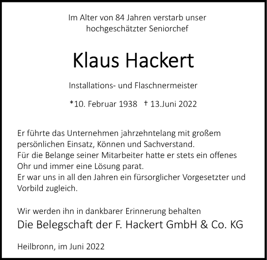 Traueranzeige von Klaus Hackert von GESAMT