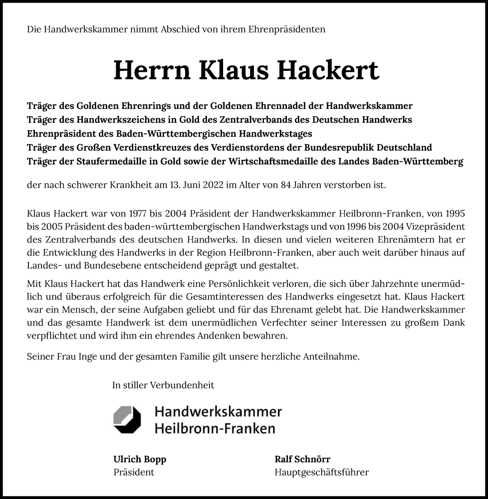  Traueranzeige für Klaus Hackert vom 18.06.2022 aus GESAMT