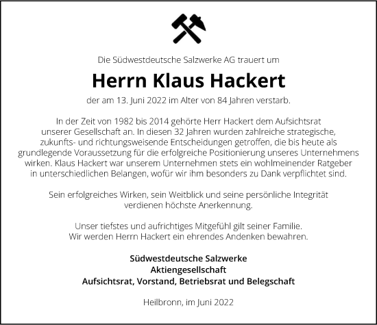 Traueranzeige von Klaus Hackert von GESAMT