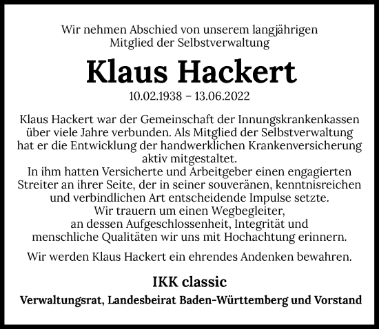 Traueranzeige von Klaus Hackert von GESAMT