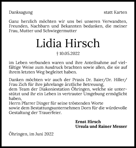 Traueranzeige von Lidia Hirsch von GESAMT