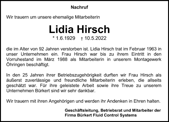 Traueranzeige von Lidia Hirsch von GESAMT