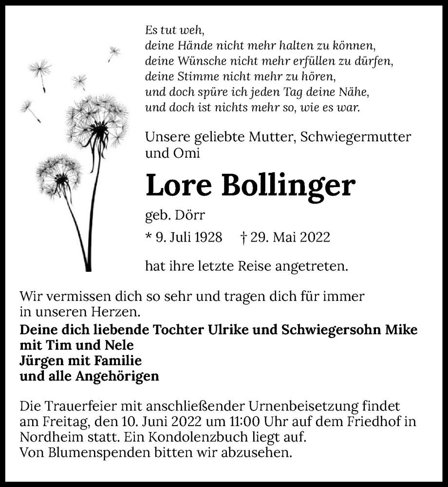  Traueranzeige für Lore Bollinger vom 04.06.2022 aus GESAMT