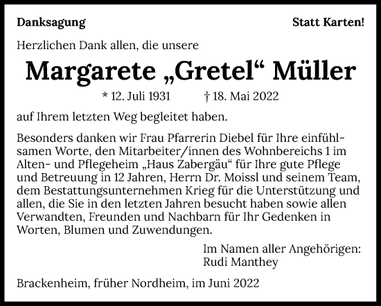 Traueranzeige von Margarete Müller von GESAMT