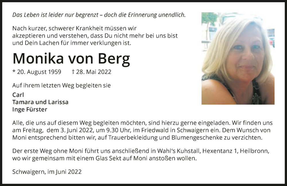  Traueranzeige für Monika von Berg vom 01.06.2022 aus GESAMT