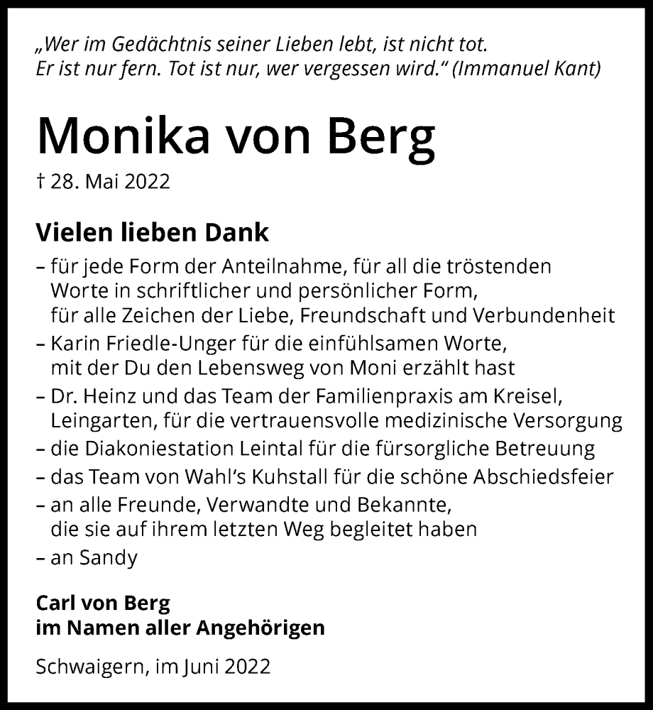  Traueranzeige für Monika von Berg vom 11.06.2022 aus GESAMT