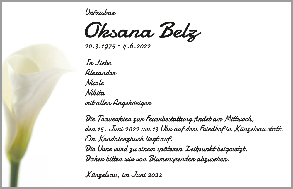  Traueranzeige für Oksana Belz vom 13.06.2022 aus GESAMT
