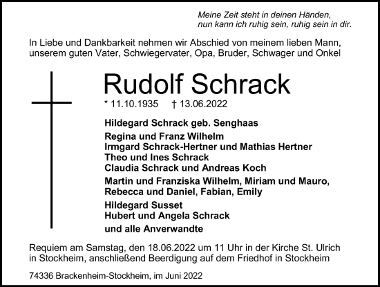 Traueranzeige von Rudolf Schrack von GESAMT