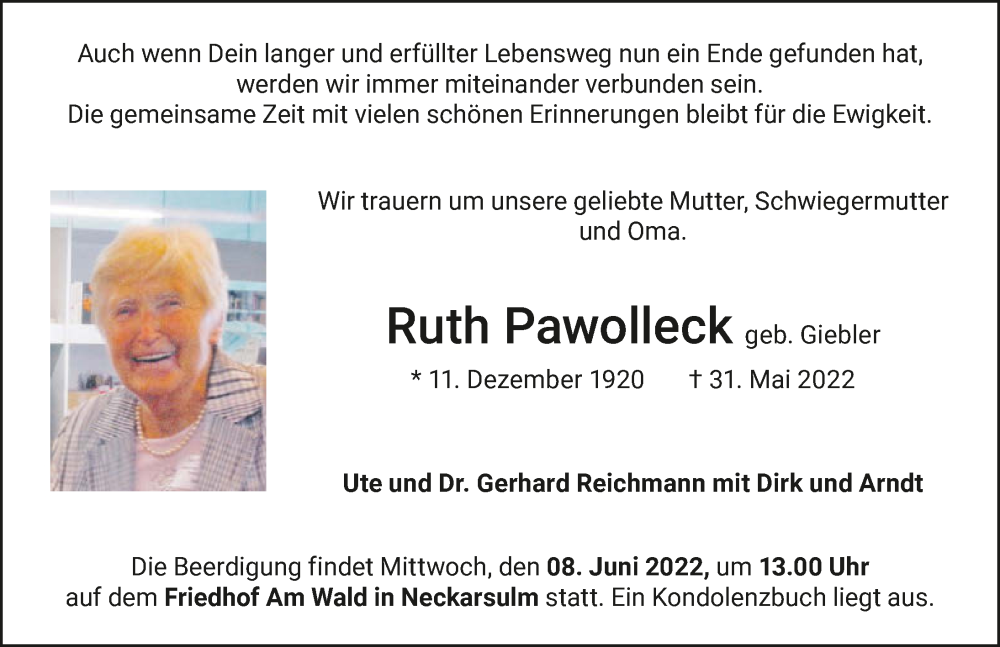  Traueranzeige für Ruth Pawolleck vom 04.06.2022 aus GESAMT