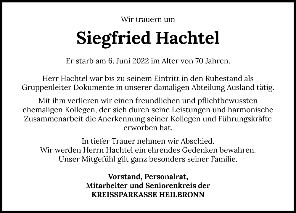  Traueranzeige für Siegfried Hachtel vom 09.06.2022 aus GESAMT