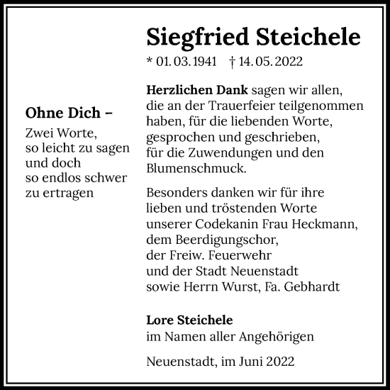 Traueranzeige von Siegfried Steichele von GESAMT