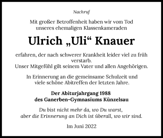 Traueranzeige von Ulrich Knauer von GESAMT