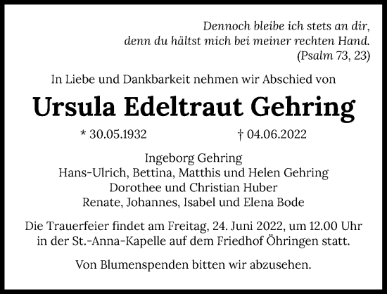 Traueranzeige von Ursula Edeltraut Gehring von GESAMT