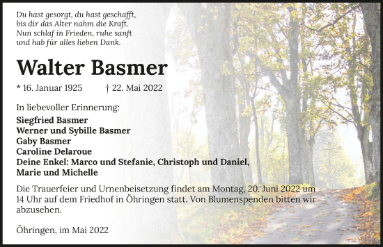 Traueranzeige von Walter Basmer von GESAMT