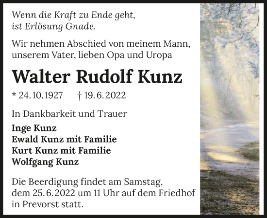 Traueranzeige von Walter Rudolf Kunz von GESAMT