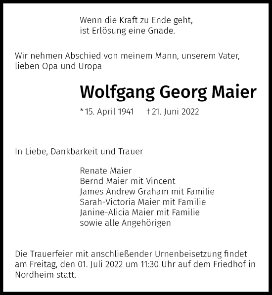 Traueranzeige von Wolfgang Georg Maier von GESAMT