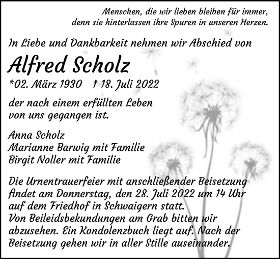 Traueranzeige von Alfred Scholz von GESAMT