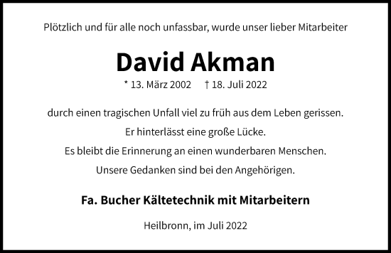 Traueranzeige von David Akman von GESAMT