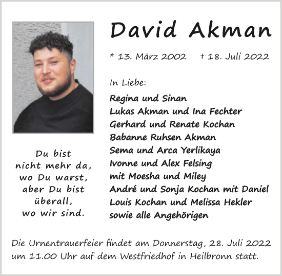 Traueranzeige von David Akman von GESAMT