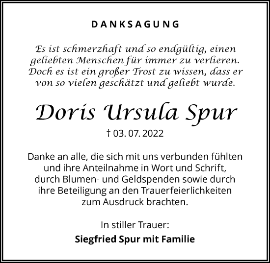 Traueranzeige von Doris Ursula Spur von GESAMT