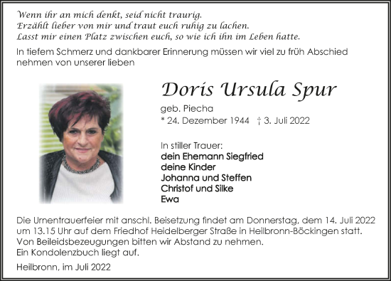 Traueranzeige von Doris Ursula Spur von GESAMT