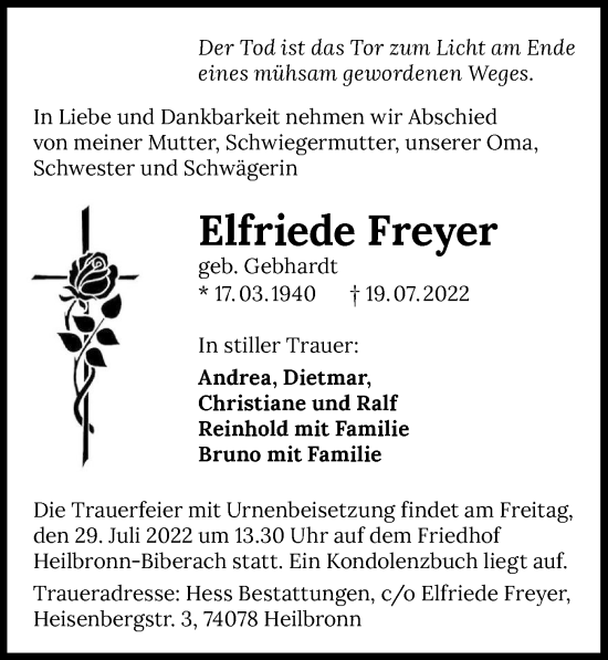 Traueranzeige von Elfriede Freyer von GESAMT