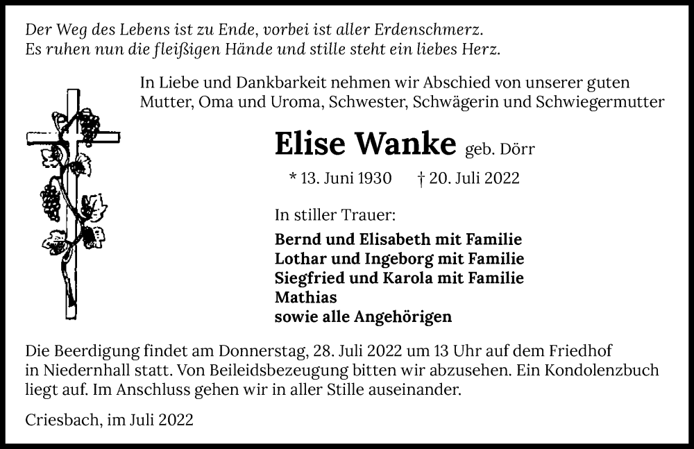  Traueranzeige für Elise Wanke vom 23.07.2022 aus GESAMT