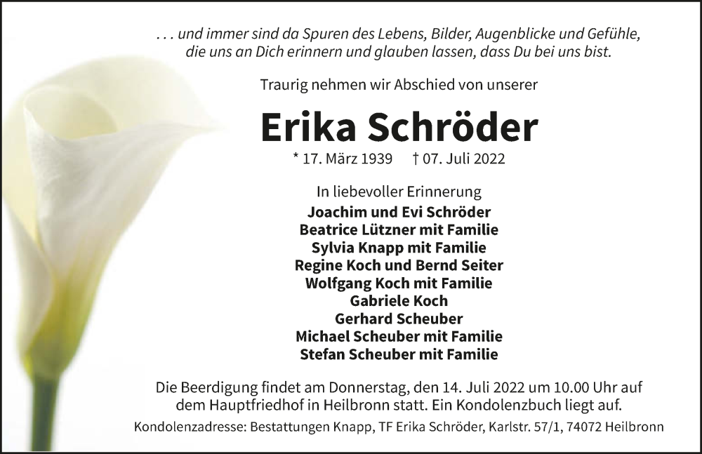  Traueranzeige für Erika Schröder vom 12.07.2022 aus GESAMT