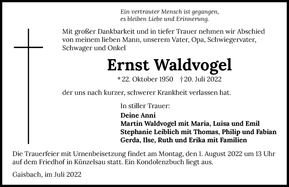  Traueranzeige für Ernst Waldvogel vom 23.07.2022 aus GESAMT